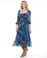 London Times Women's Bishop Sleeve Smocked Back Midi Dress