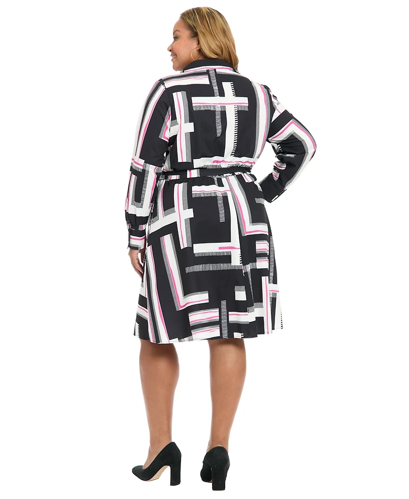 London Times Plus Size Long-Sleeve Printed Shirt Dress