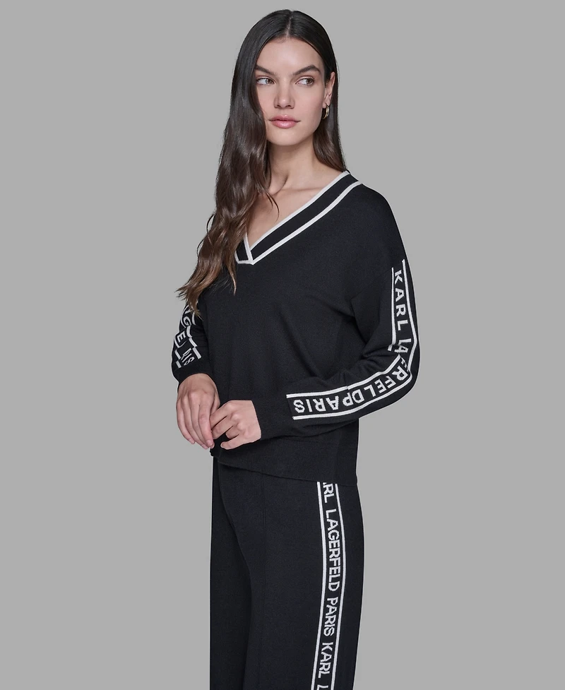 Karl Lagerfeld Paris Women's Logo Tape V-Neck Sweater