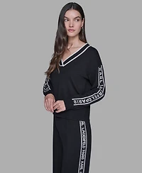Karl Lagerfeld Paris Women's Logo Tape V-Neck Sweater