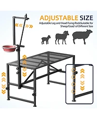 600 lbs Capacity Adjustable Goat Trimming Stand with Headpiece and Feed Bin – Foldable Grooming and Milking Platform