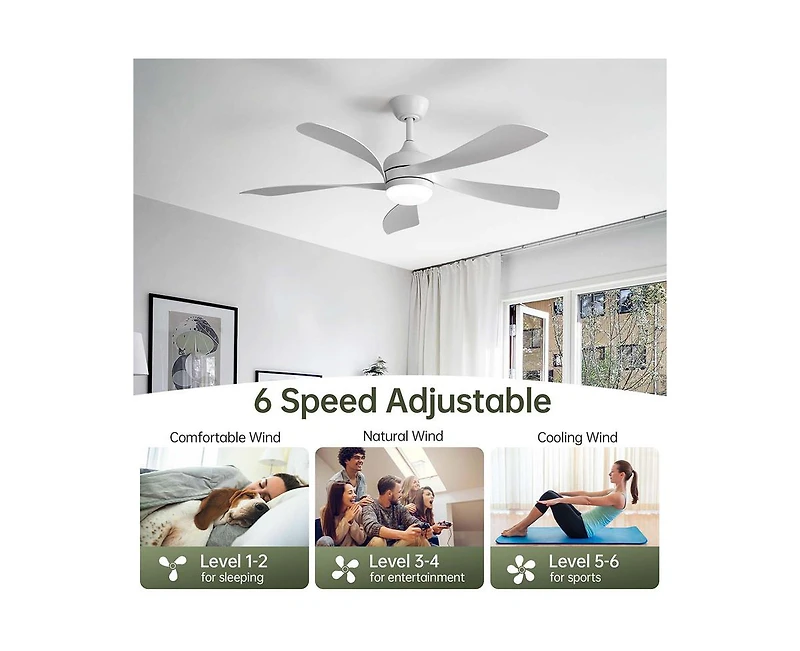 Sofucor 52-inch Minimalist White 5-Blade Flush Mount with Remote Control and Led Light