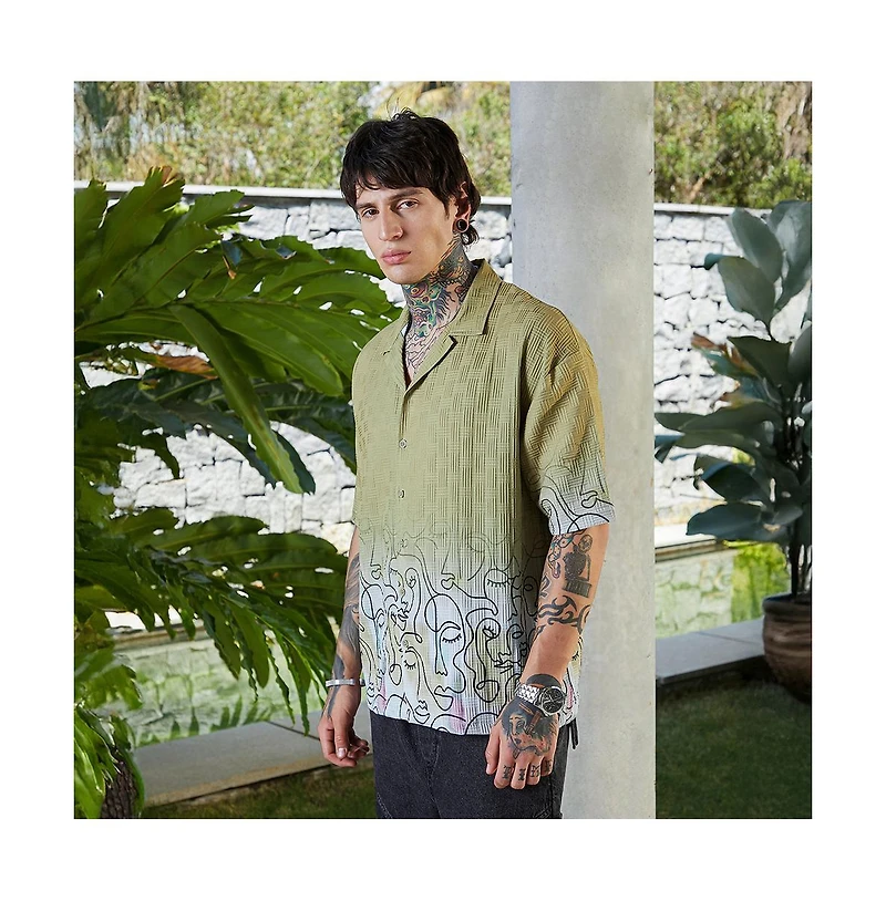 Campus Sutra Men's Pistachio Green Faces-Ombre Oversized Shirt