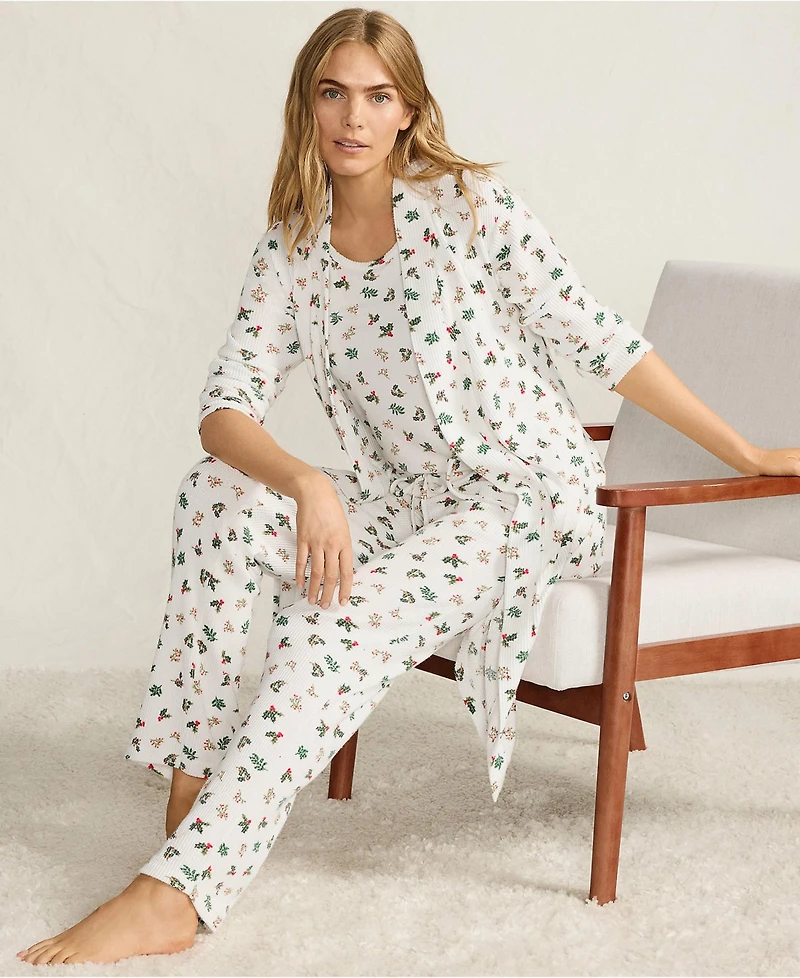 Lands' End Women's Brushed Cozy Waffle Jersey 3 Piece Pajama Set - Tank Top Pant and Robe