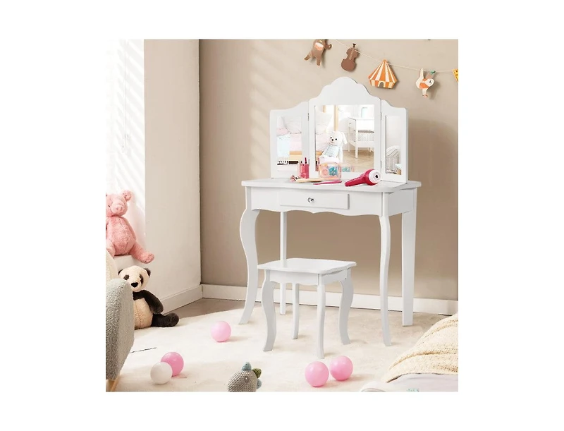 Kids Dressing Vanity Set with Detachable Tri-Folding Mirror and Stool,Pink