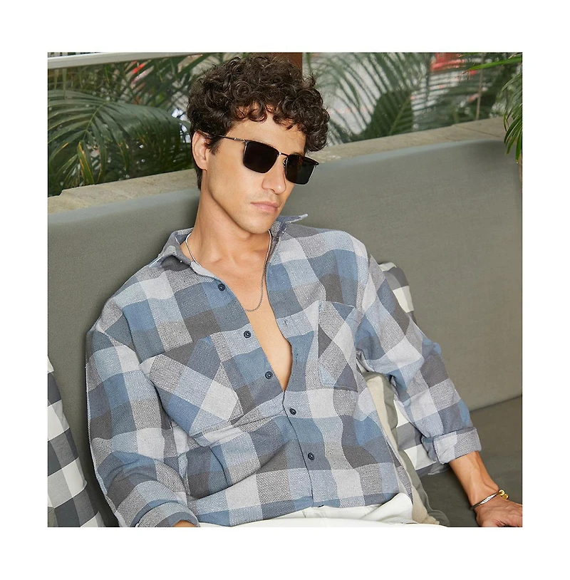 Campus Sutra Men's Icy Blue & Ash Grey Checkered Utility Shacket