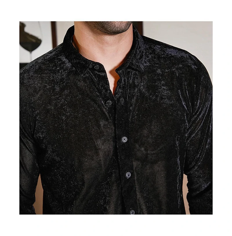 Campus Sutra Men's Onyx Black Solid Velvet Shirt
