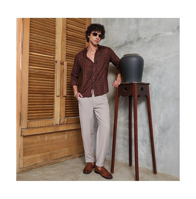Campus Sutra Men's Russet Brown Aztec-Imprint Shirt