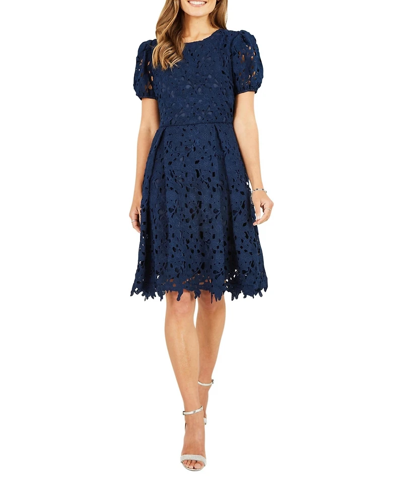 Yumi Women's Lace Skater Dress With Puff Sleeves