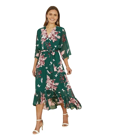 Yumi Women's Floral Kimono Dipped Hem Dress
