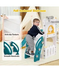 6-in-1 Toddler Slide L-shaped Playground with Basketball Hoop and Ladder