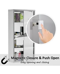 Airsurfer Wall Mounted Medicine Cabinet Locking Storage Cabinet with 4 Tier Shelves Stainless Steel Frame Glass Door