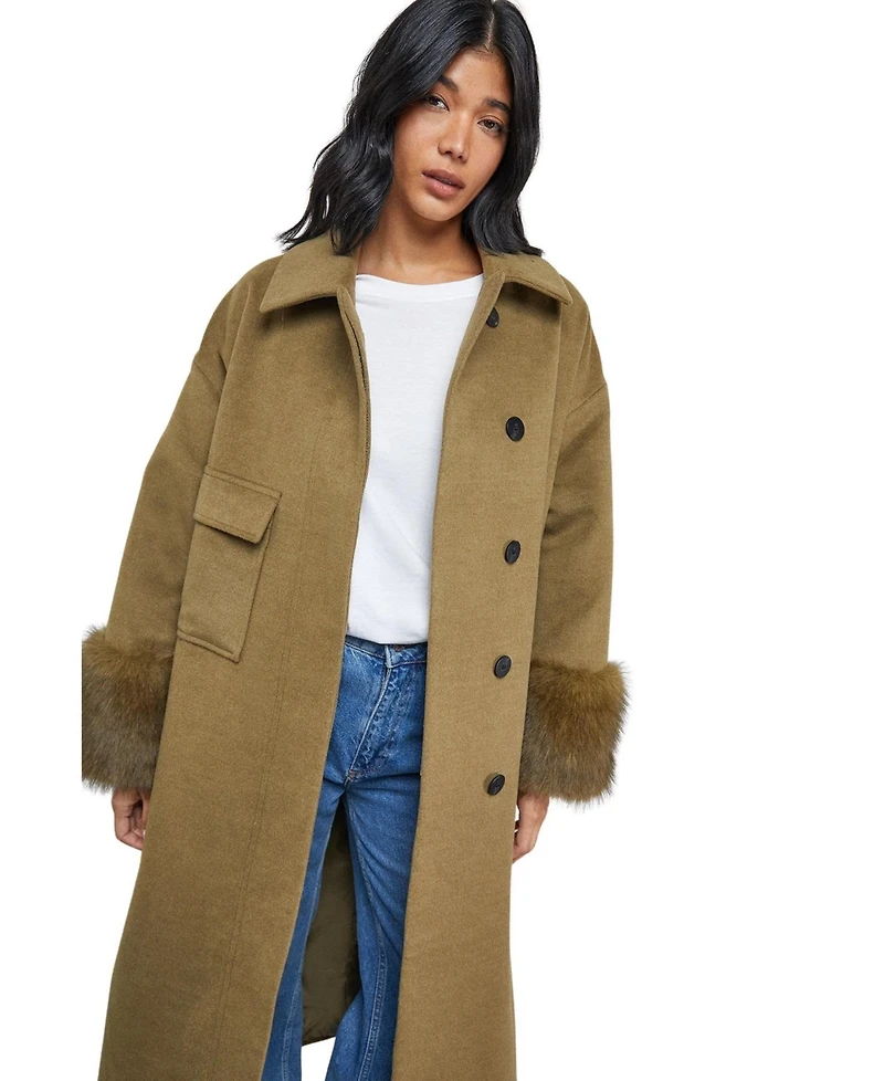 Warehouse Women's Patch Pocket Faux Fur Cuff Maxi Coat