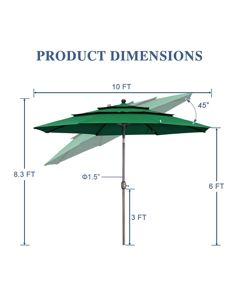 Aoodor Garden Market Umbrella - 10 Ft x 8.3 Ft Outdoor Patio Umbrella Round