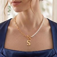 14K Gold Plated Initial Imitation Pearl Link Chain Necklace