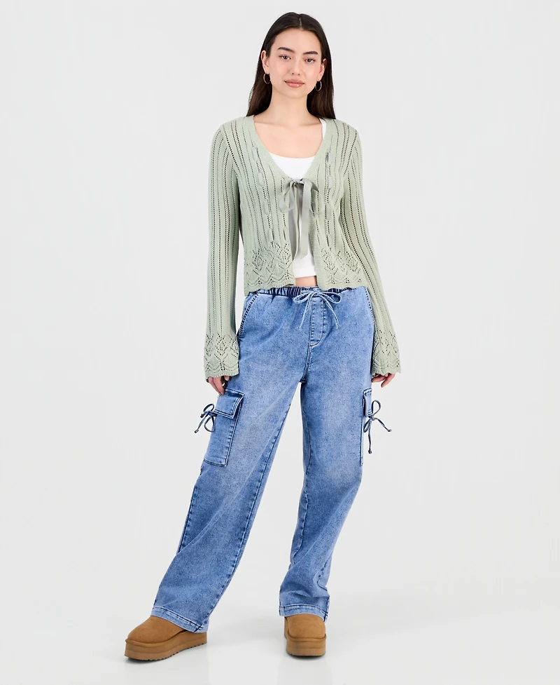 Hooked Up by Iot Juniors' Pointelle Tie-Front Cardigan