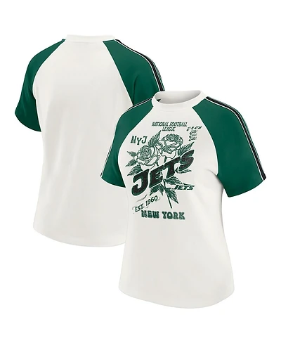 Wear by Erin Andrews Women's White New York Jets Sleeve Stripe Distressed Raglan T-Shirt
