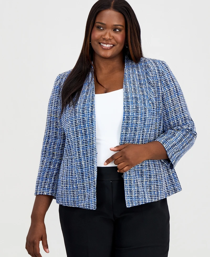 Kasper Plus Open-Front 3/4-Sleeve Tweed Cardigan