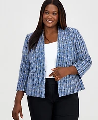 Kasper Plus Open-Front 3/4-Sleeve Tweed Cardigan