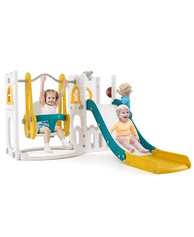 7-in-1 Toddler Swing and Slide Set L-shaped with Ladder and Basketball Hoop