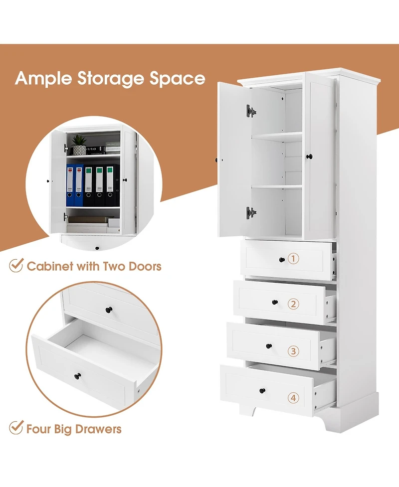 Airsurfer White Storage Cabinet with 2 Doors and 4 Drawers Shelf Mdf Board Painted Finish Freestanding Organizer for Bathroom Office or Living Room