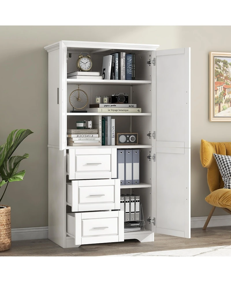 Airsurfer Tall and Wide Storage Cabinet with Doors and Three Drawers White Freestanding Organizer for Bathroom Office and Living Room