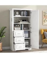 Airsurfer Tall and Wide Storage Cabinet with Doors and Three Drawers White Freestanding Organizer for Bathroom Office and Living Room