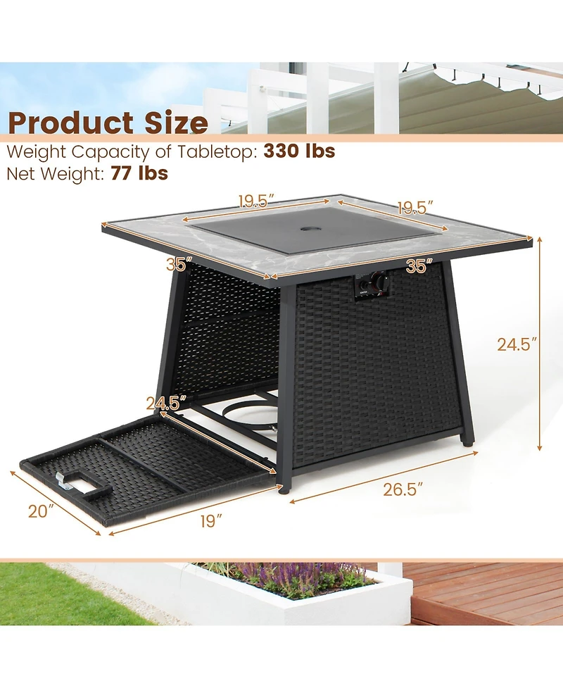 35 Inch Propane Gas Fire Pit Table Wicker Rattan with Lava Rocks Pvc Cover