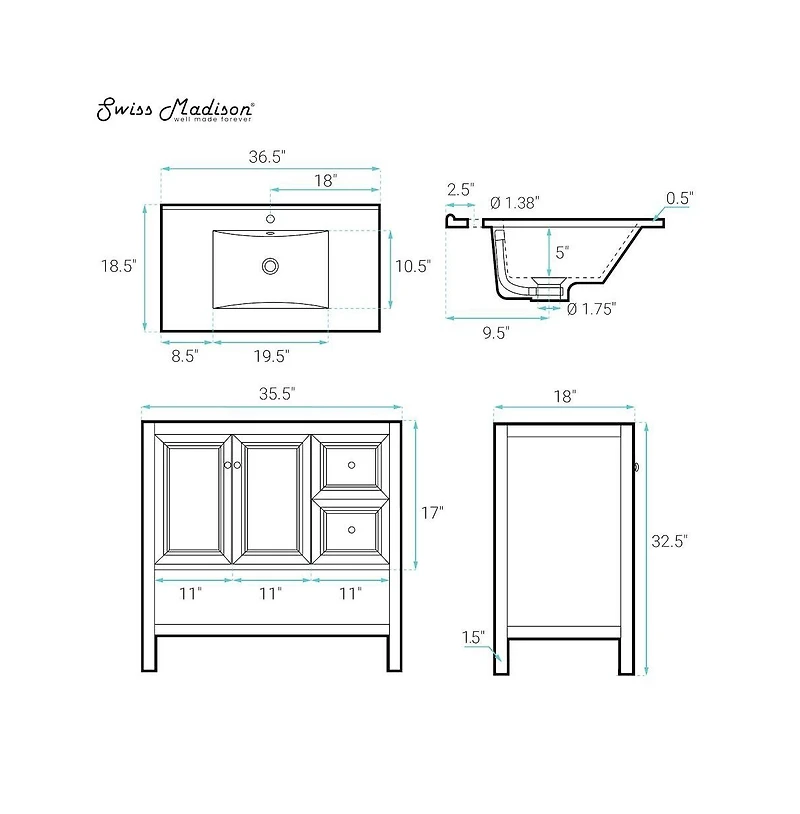 Swiss MadisonChateau 36" Freestanding Bathroom Vanity in Brown Oak with Sink Top