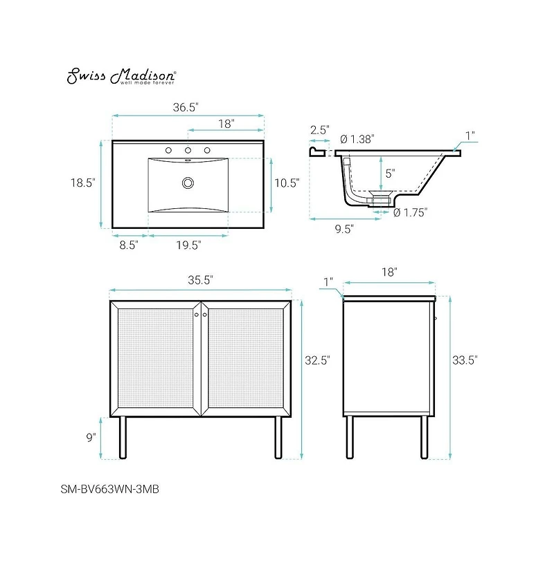 Swiss Madison 36" Freestanding Bathroom Vanity in Brown Oak, Black 3-Hole Widespread Sink Top