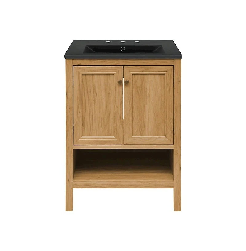 Swiss Madison 24" Freestanding Bathroom Vanity in Golden Oak, Black 3-Hole Centerset Sink Top
