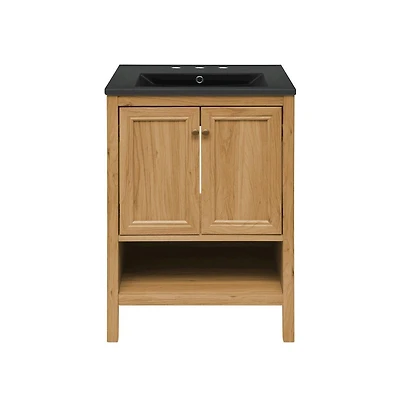 Swiss Madison 24" Freestanding Bathroom Vanity in Golden Oak, Black 3-Hole Centerset Sink Top