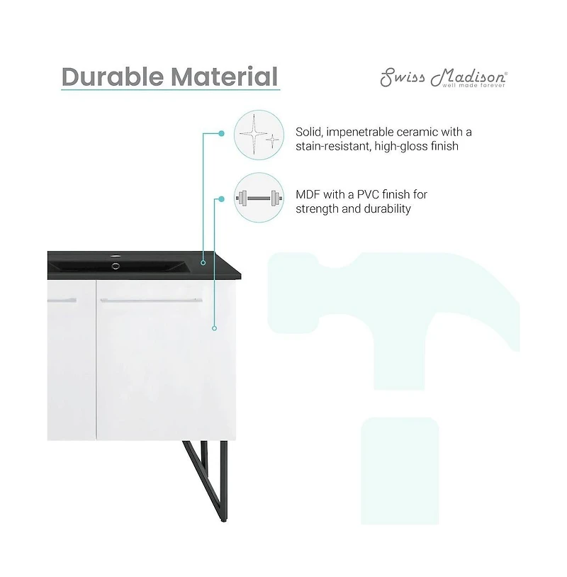 Swiss Madison 60 in. White, Double Basin Bathroom Vanity With Black Artificial Stone Sink Top