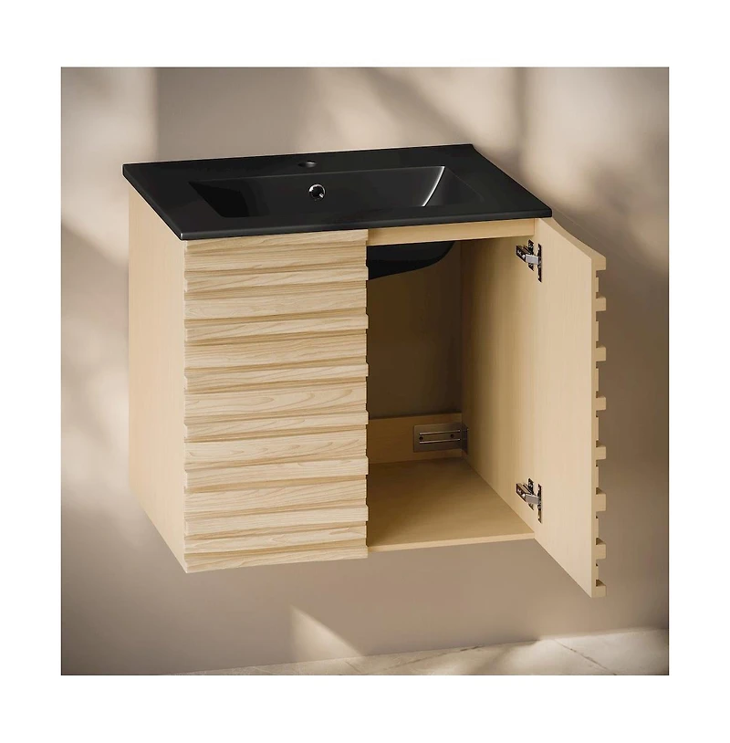 Swiss MadisonCascade 24; Wall-Mounted Bathroom Vanity in Natural Oak with Black Sink Top