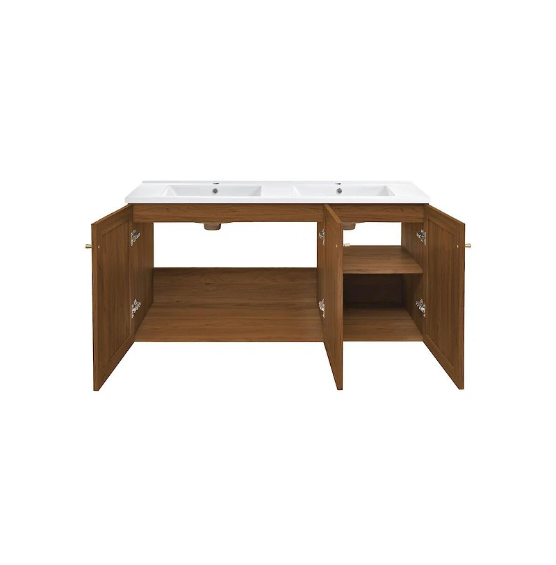 Swiss Madison Classe 48" Wall-Mounted Bathroom Vanity in Brown Oak with Double Basin Sink Top