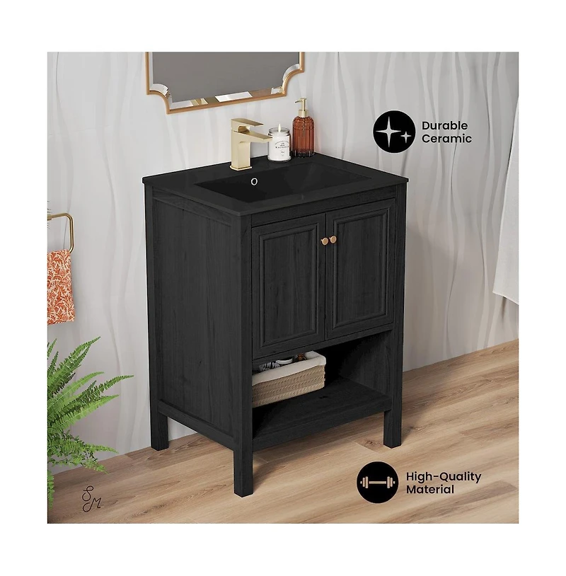 Swiss MadisonChateau 24" Freestanding Bathroom Vanity in Black Oak with Black Sink Top