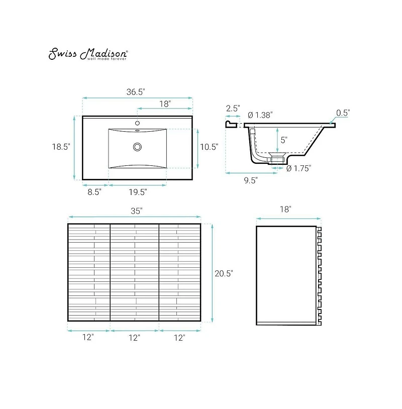 Swiss Madison Cascade 36" Wall-Mounted Bathroom Vanity in Oak with Sink Top