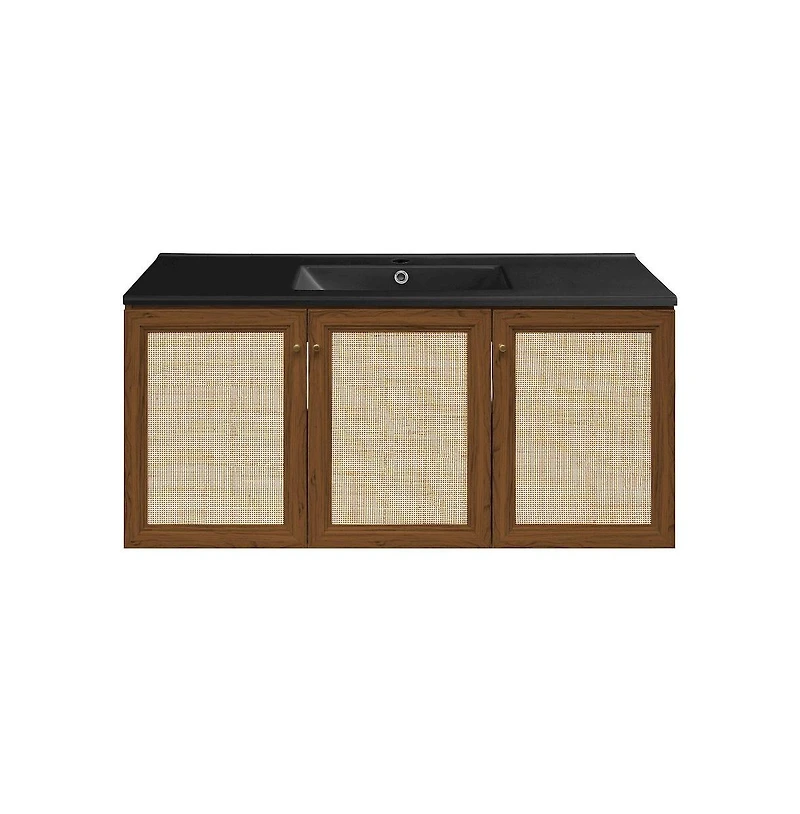 Swiss Madison Classe 48" Wall-Mounted Bathroom Vanity in Brown Oak with Black Sink Top