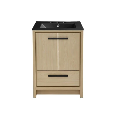 Virage 24 in. Brown Oak Bathroom Vanity With Black, 3-Hole Ceramic Sink Top