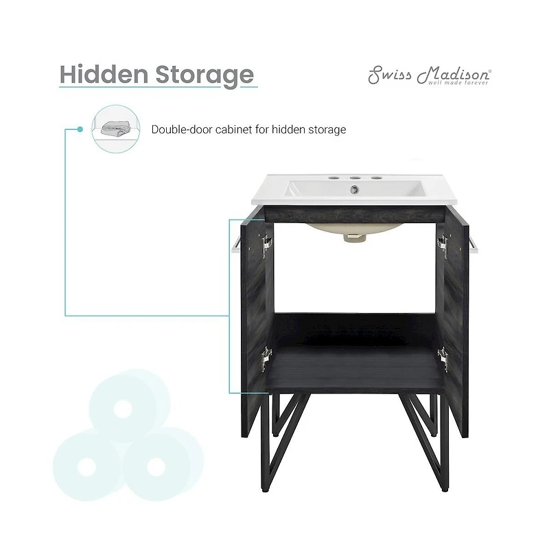 Swiss Madison Annecy 24 in. Black Walnut Bathroom Vanity With White, 3-Hole Ceramic Sink Top