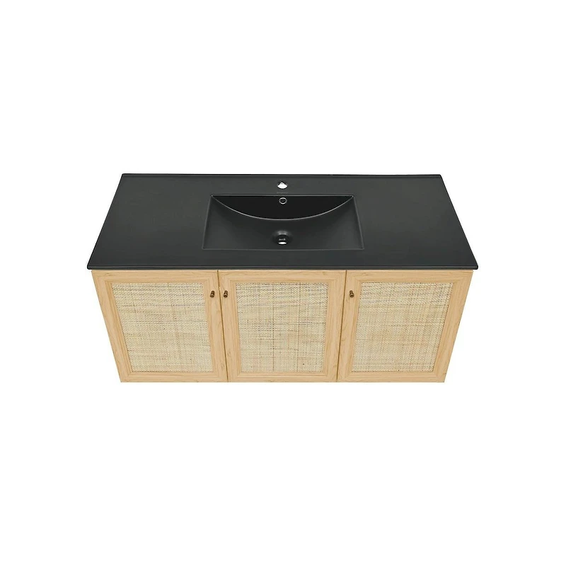 Swiss Madison Classe 48" Wall-Mounted Bathroom Vanity in Natural Oak with Black Sink Top