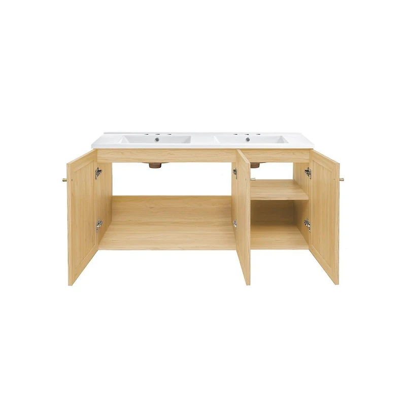 48" Wall-Mounted Bathroom Vanity, 3-Hole Widespread Double Basin Sink Top