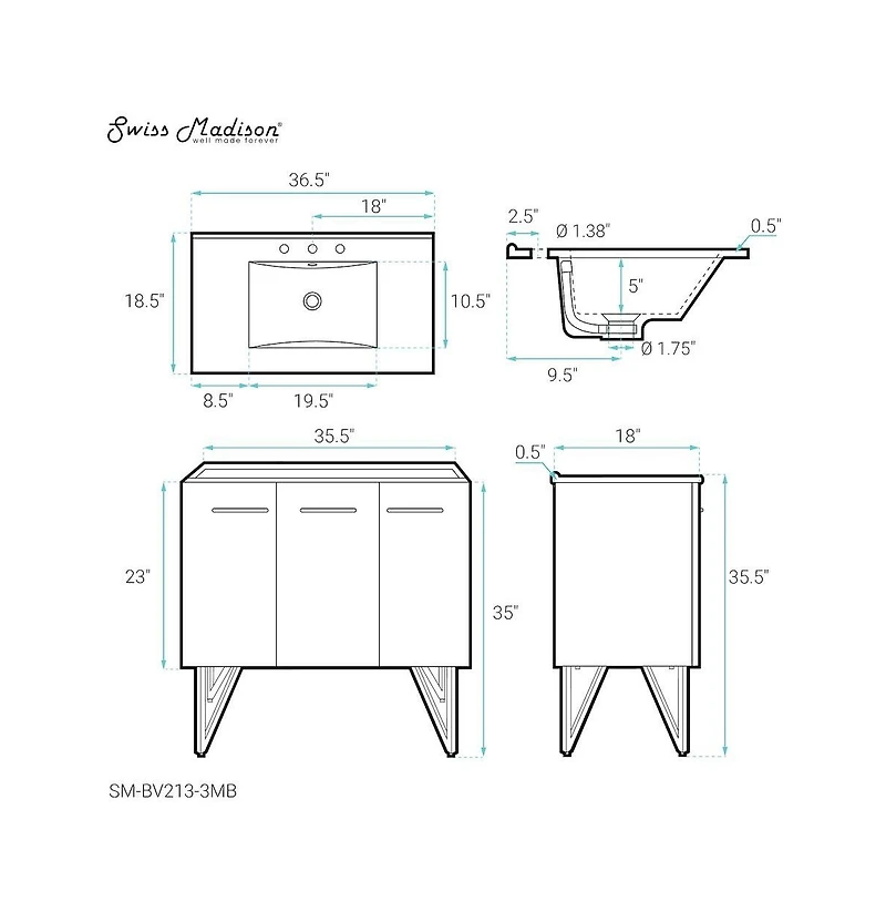 Swiss Madison Annecy 36 in. White Bathroom Vanity With Black, 3-Hole Ceramic Sink Top