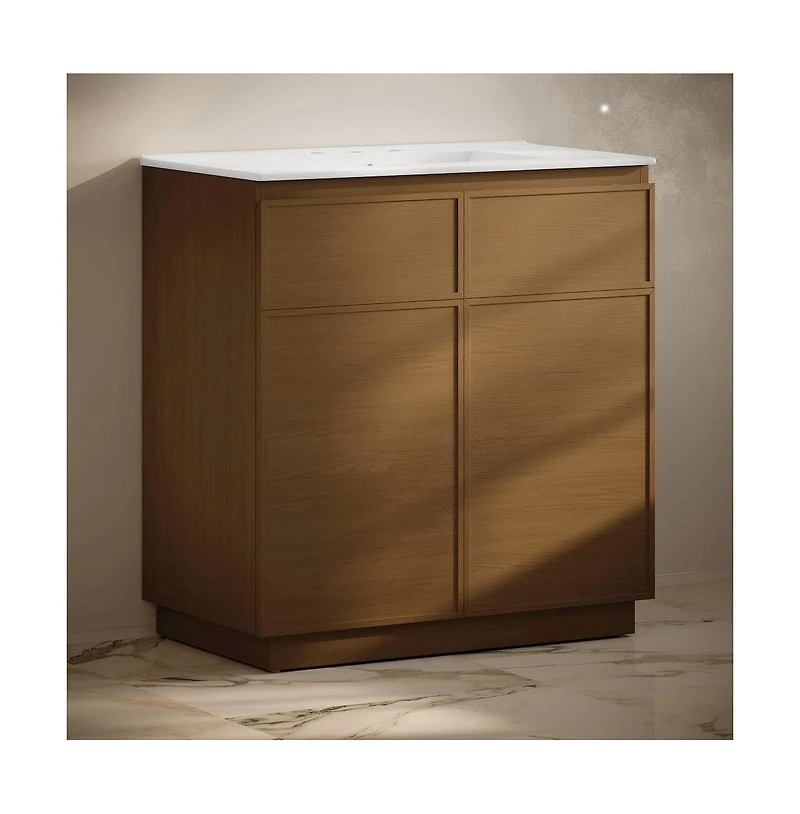 Swiss Madison 36" Freestanding Bathroom Vanity in Brown Oak with 3-Hole Widespread Sink Top