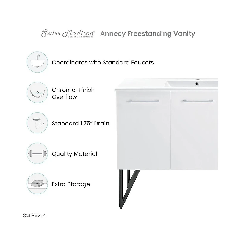 Swiss Madison Annecy 48" Freestanding Bathroom Vanity in White with Sink Top