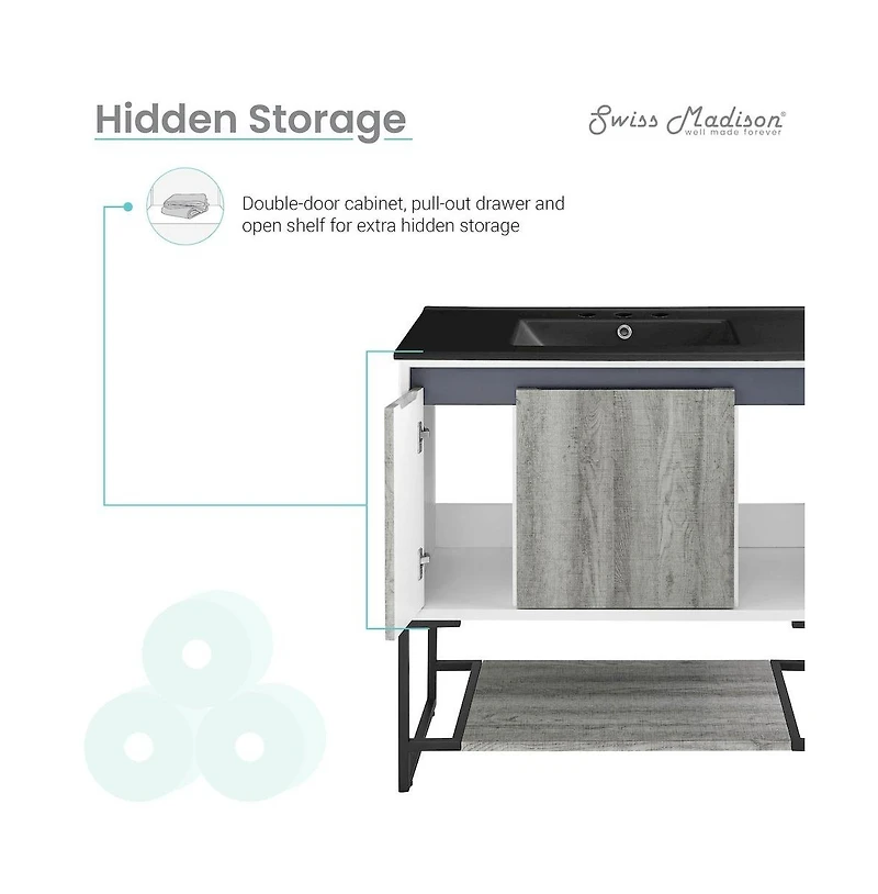 Swiss MadisonMarseille 36 in. Gray Bathroom Vanity With Black, 3-Hole Ceramic Sink Top