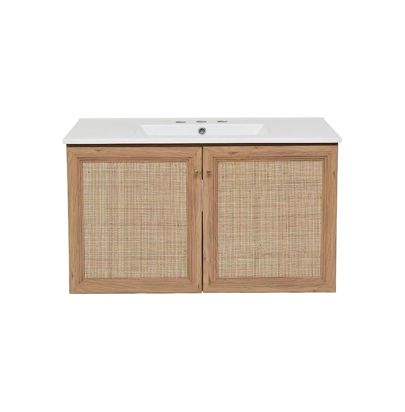 36 in. Brown Oak Wall Hung Bathroom Vanity With White, 3-Hole Ceramic Sink Top