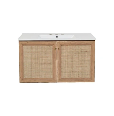 36 in. Brown Oak Wall Hung Bathroom Vanity With White, 3-Hole Ceramic Sink Top