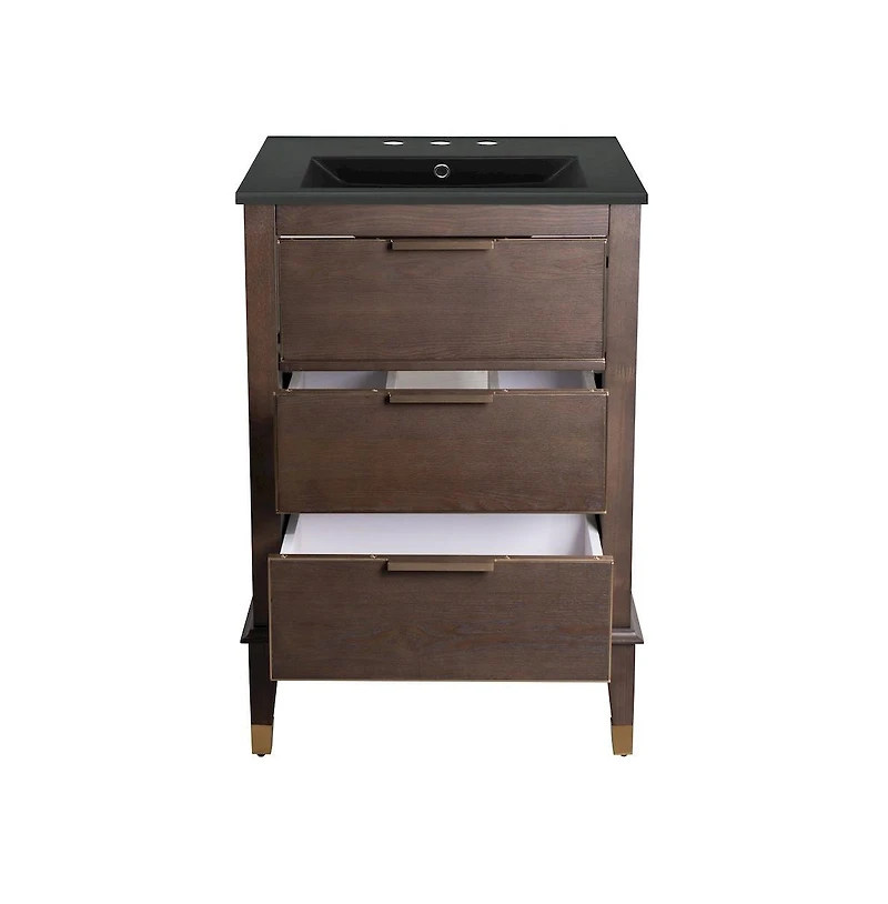 Swiss Madison Hugo 24 in. Brown Oak Bathroom Vanity With Black, 3-Hole Ceramic Sink Top