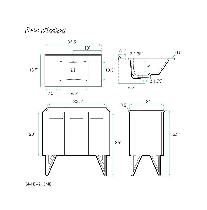 Annecy 36 in. White Bathroom Vanity With Black Ceramic Sink Top